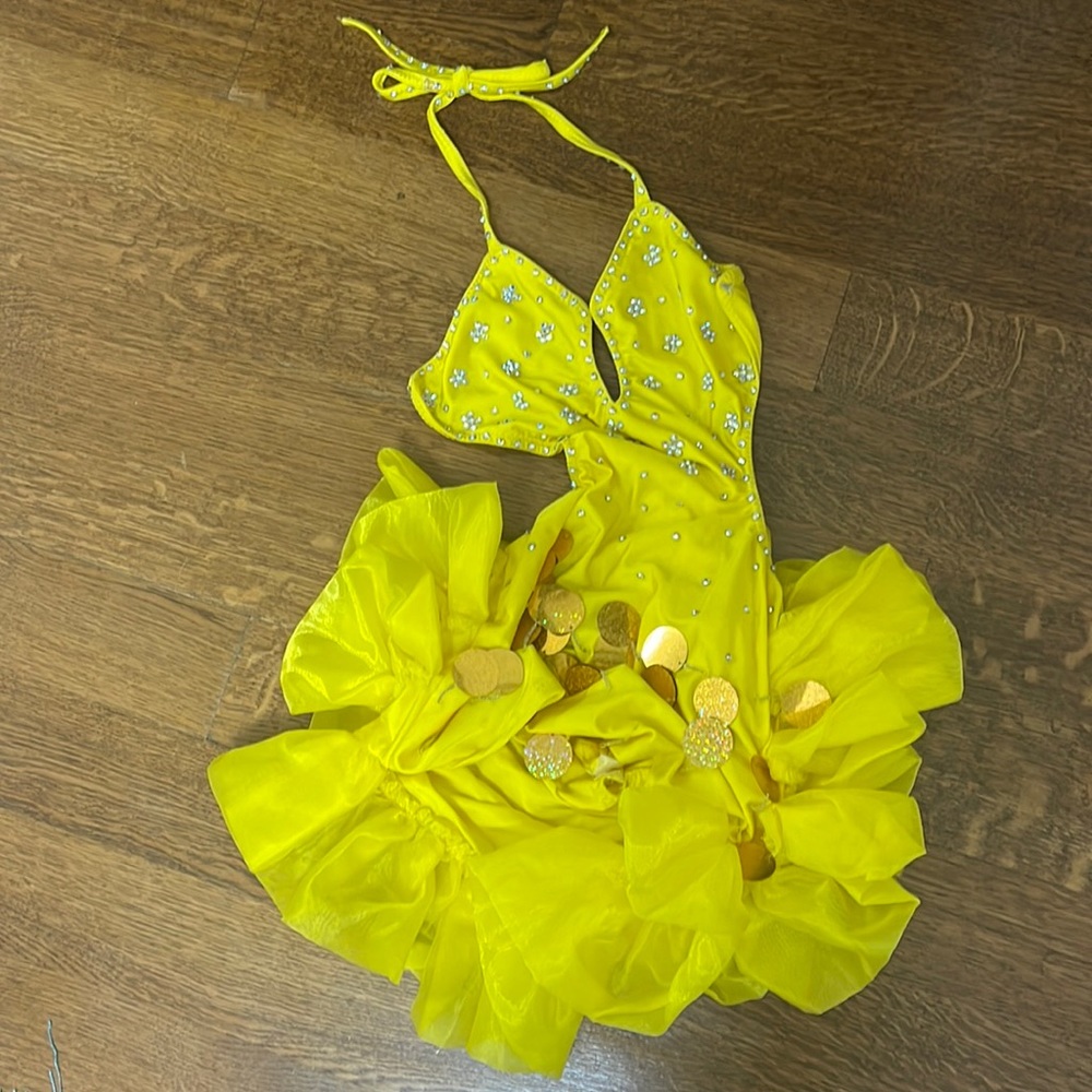 Yellow Sequin Puffy Ballroom Latin Dance Dress with Accessories
